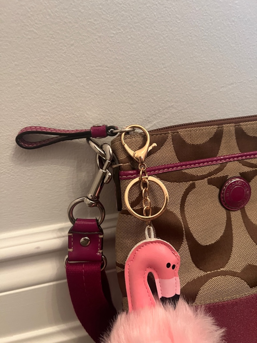 Coach Brown Signature Crossbody with Pink Trim and Pom Charm - Picture 5 of 11